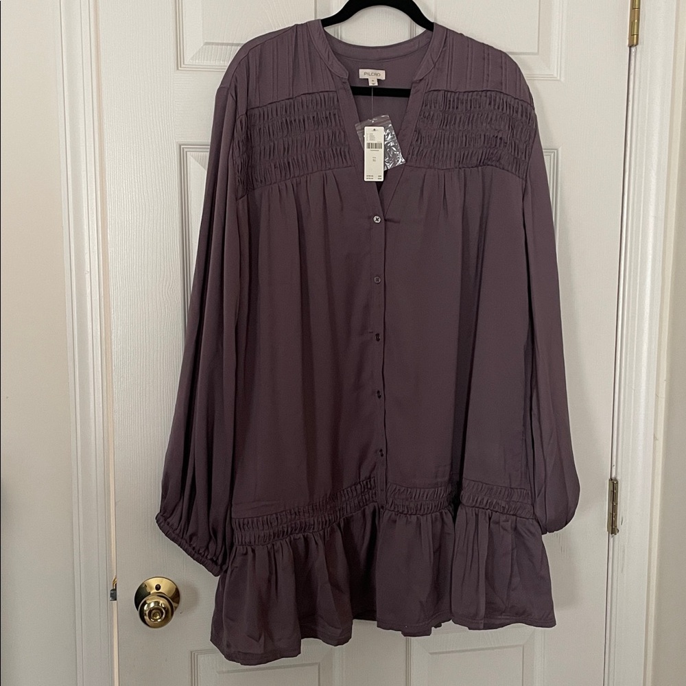 MWT: Pilcro-Long-Sleeve V-neck Mini Shirt Dress - Picture 4 of 6